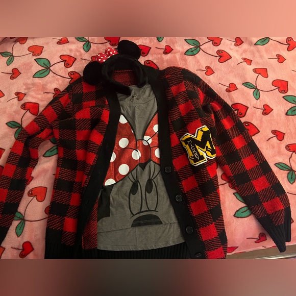Disney Sweaters - Disney x Forever 21 Mickey Mouse Red and Black Plaid Cardigan with Patch